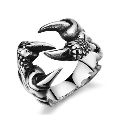 Men's open dragon claw ring in titanium steel with chrome finish
