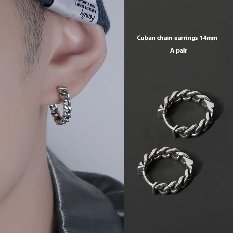 Geometric silver-coloured men's copper earrings in 10mm and 14mm sizes for hip hop style.