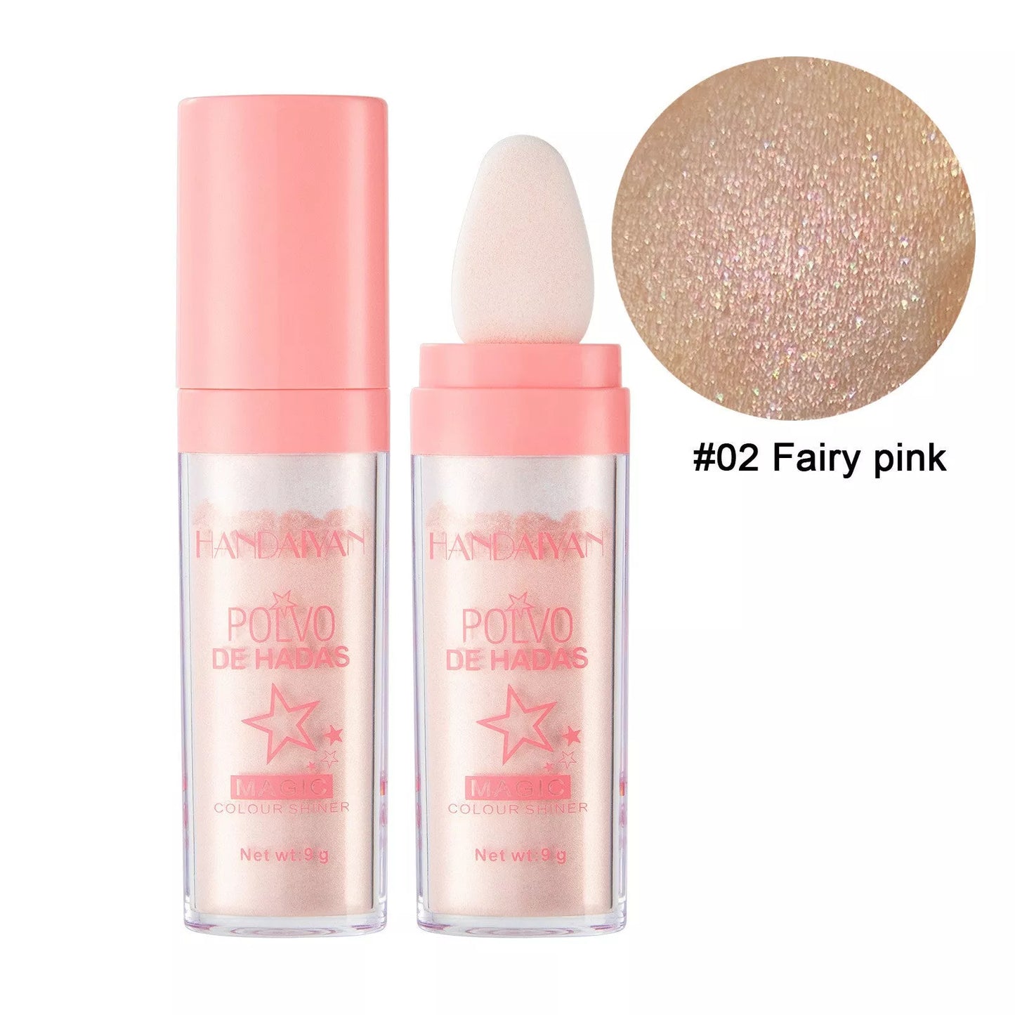 Fairy Highlight Pat Powder in white, pink, and golden brown shades for brightening and skin repair