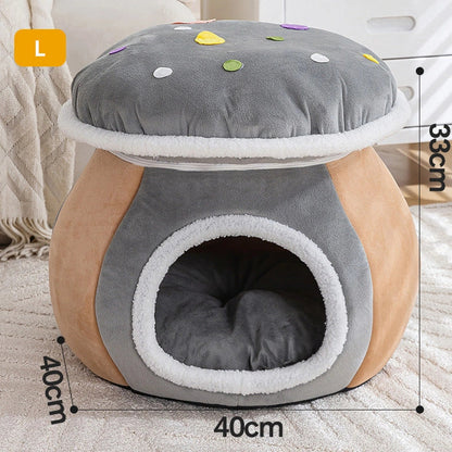 Grey mushroom-shaped cat bed with detachable thermal blanket showing 2.5cm thick plush interior