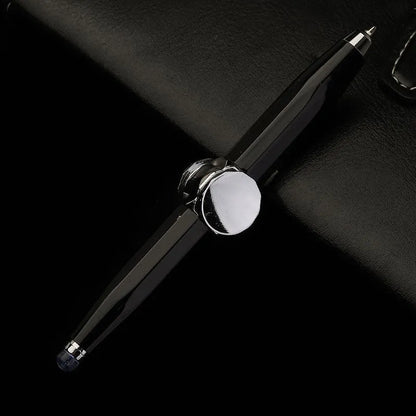 Creative multi-function metal pen with LED light and fingertip gyro spinner for writing and fidgeting.