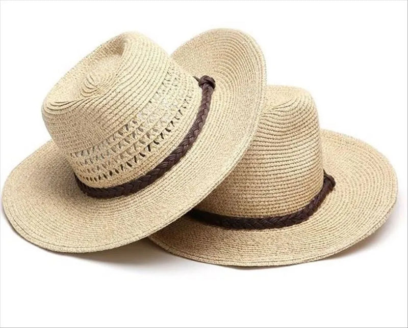 Men's Straw Summer Sun Hat Foldable Outdoor Big Brim Hat in Natural Mixed Beige or Hollow Mixed Beige for UV Protection, Available in Medium 58cm, Large 60cm, or Extra Large 62cm Sizes