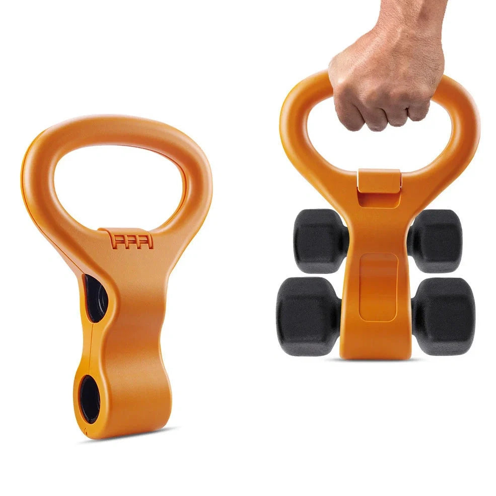 Adjustable plastic kettlebell grip showing double hole and single hole configurations for strength training