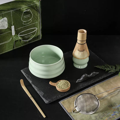 Japanese Matcha Tea Set with ceramic bowl and brush in clear glaze