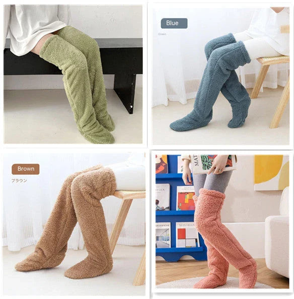 Cozy over-the-knee fuzzy socks in various colors, including brown, blue, dark gray, pink, silver, and more. Comfortable cotton design for warm, snug legs.