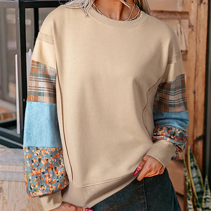 Women's plaid stitching long-sleeved polyester pullover top in loose fit beige and red colours
