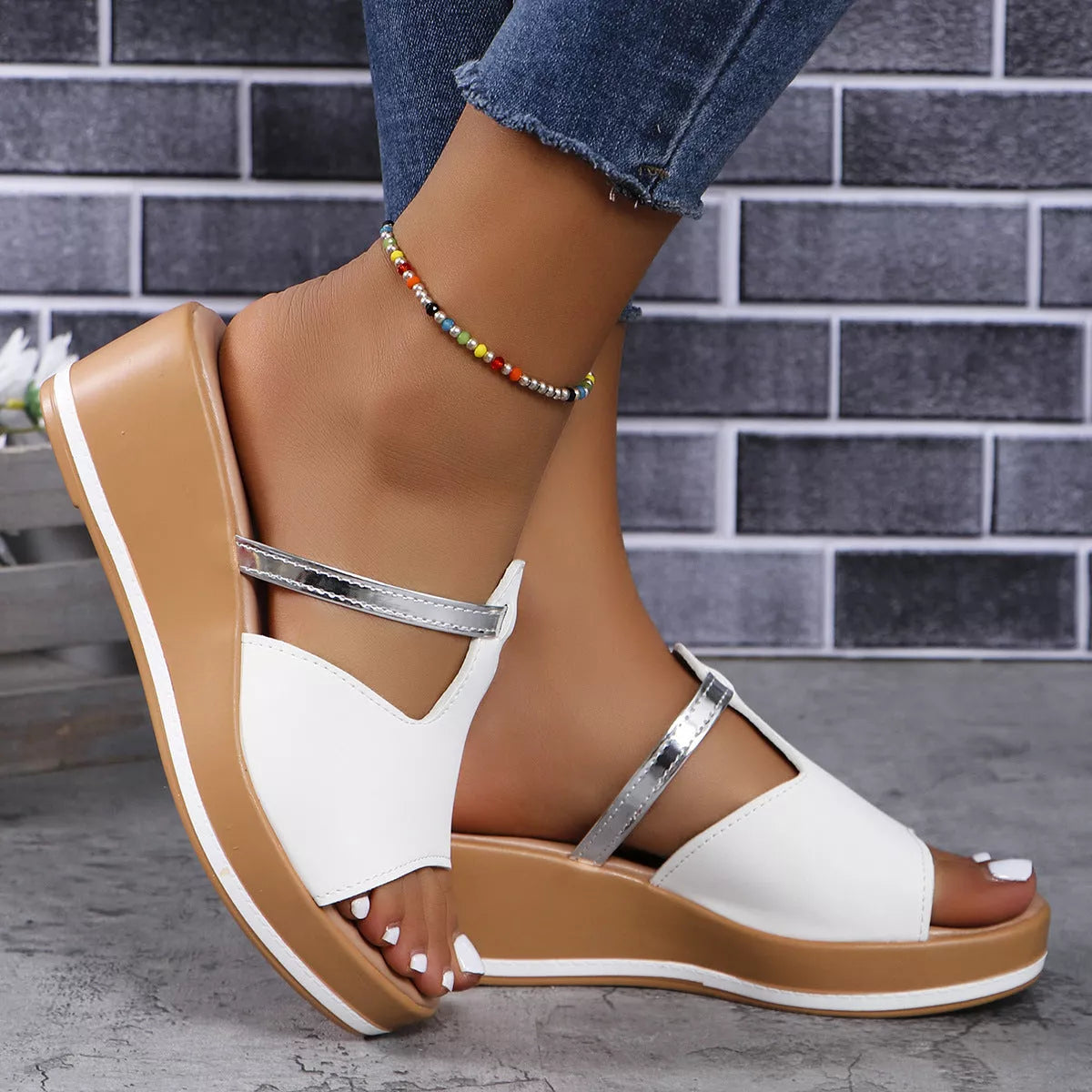 Women's summer peep-toe wedges sandals with thick sole in white, black, and champagne
