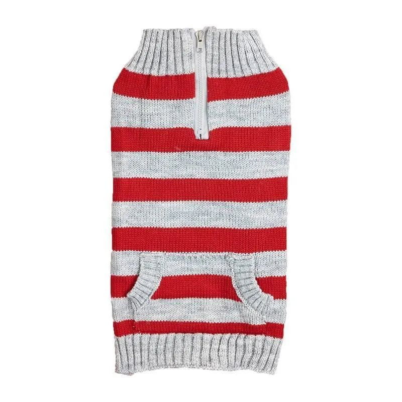 Grey dog sweater with horizontal zipper and button pocket on a small dog.