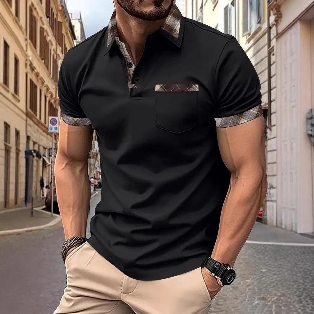 Men's short sleeve plaid colourblock t-shirt with zipper decoration in various colours and sizes