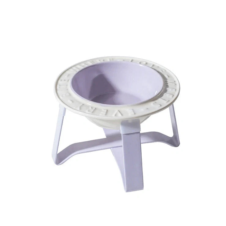 Ceramic cat bowl with iron anti-tip frame in blue colour with silicone pad