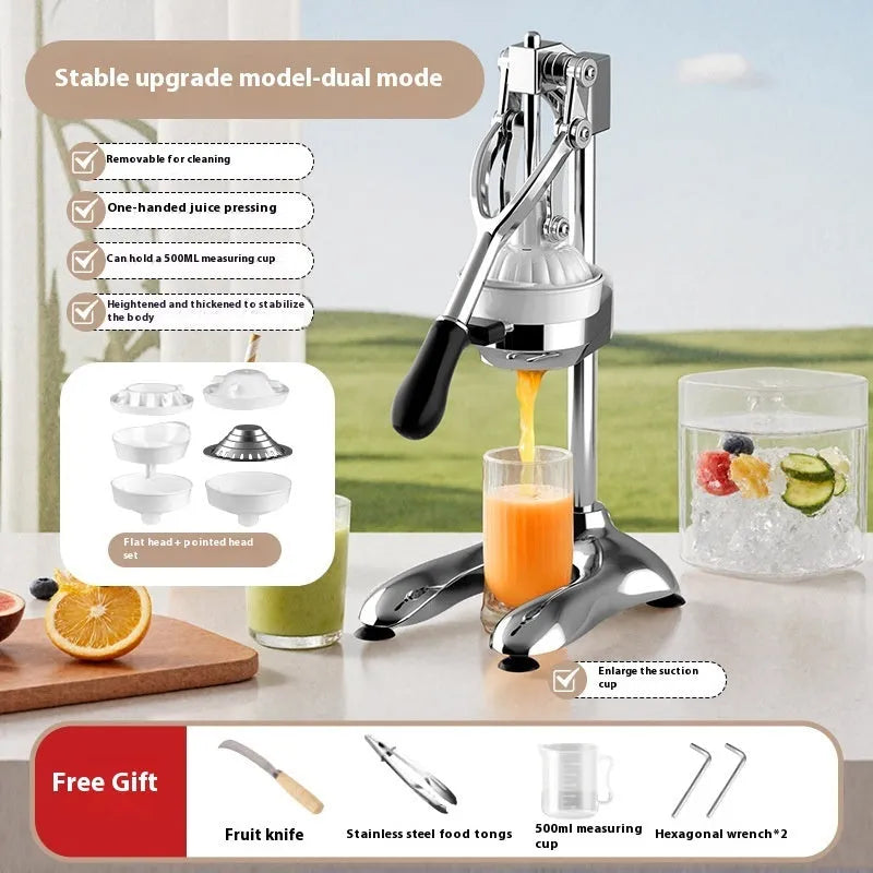 Manual orange juice juicer with stainless steel construction showing 480cm height and disassembled components