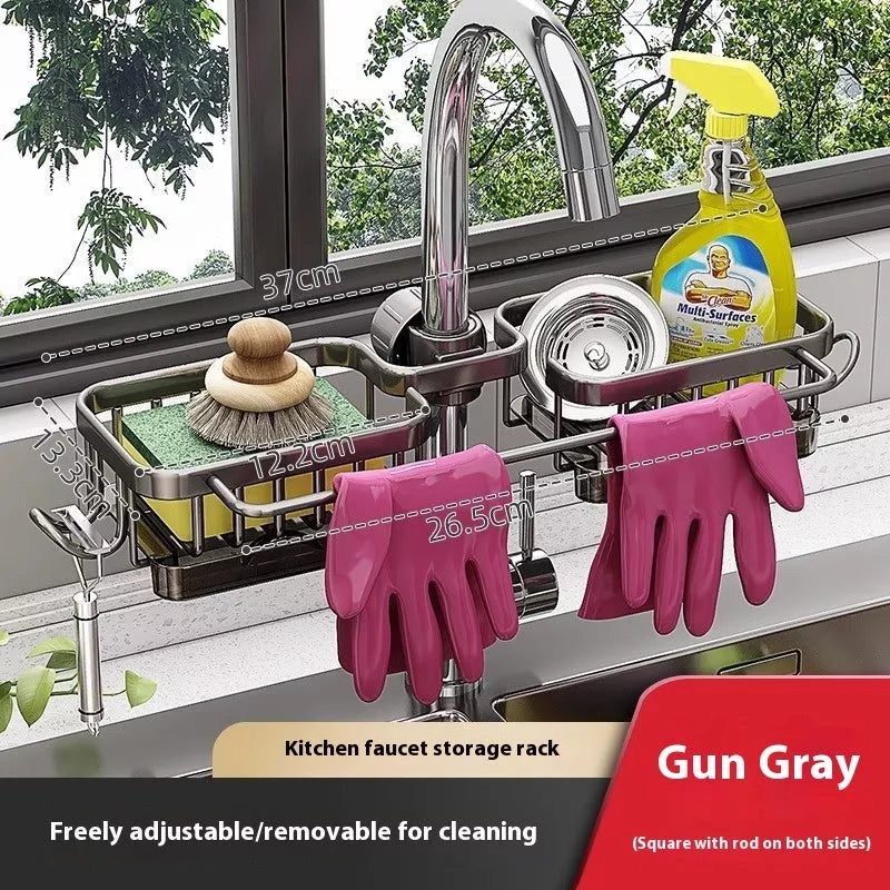 Aluminum sink faucet storage rack with rotatable design and towel hook