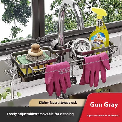 Aluminum sink faucet storage rack with rotatable design and towel hook