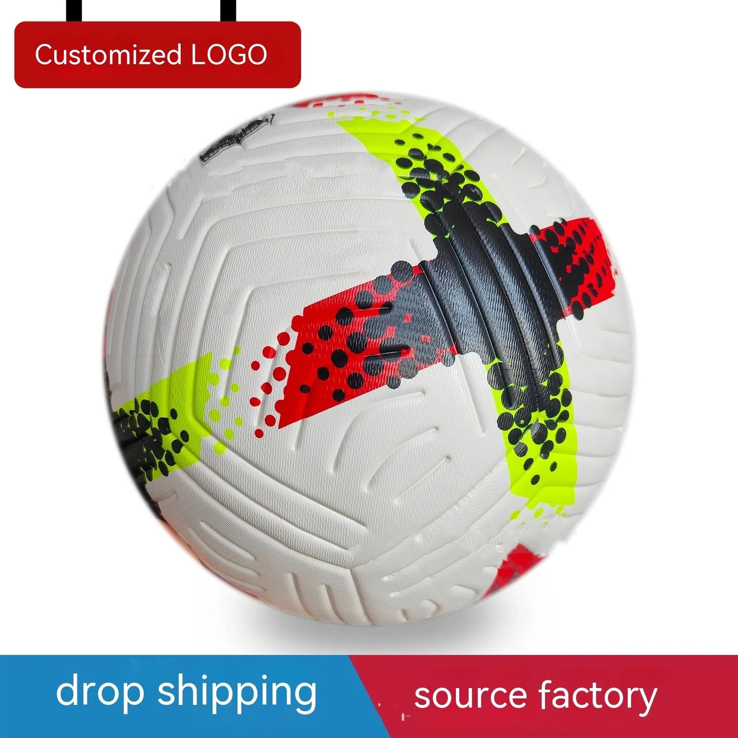 Fluorescent green Size 5 football with seamless patch construction on a green pitch.