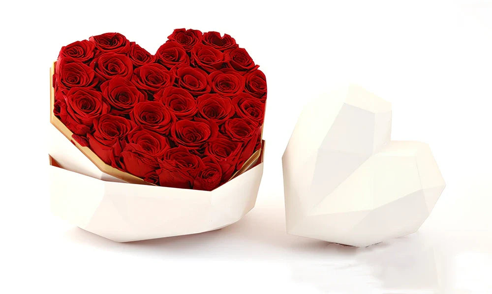 Preserved silk flower gift box with roses in pink, red or red ash, large 25x20x18cm or small 15x15x14cm for Valentine's Day