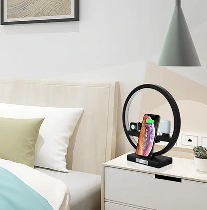3-in-1 wireless charging station with table lamp charging phone, watch, and headset simultaneously