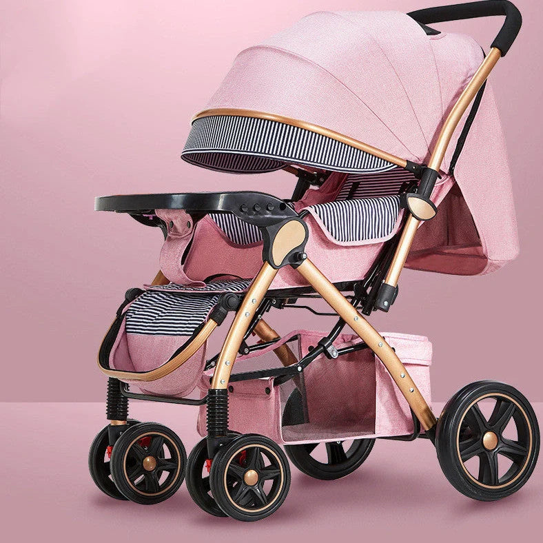 Baby stroller with reversible seat in sky blue colour showing folded and unfolded configurations