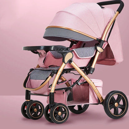 Baby stroller with reversible seat in sky blue colour showing folded and unfolded configurations