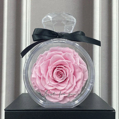 Preserved floral ornaments in various colors, displayed in a transparent cover for elegant home decor