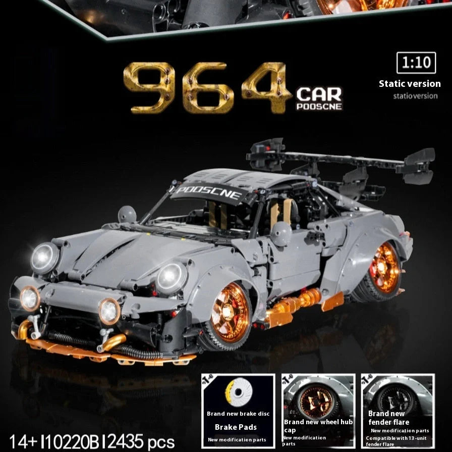 Cement grey Porsche sports car building block set with 10220 pieces showing detailed assembly components