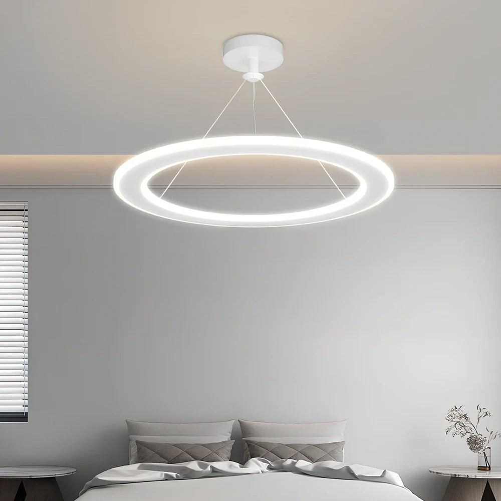 Circular LED bedroom chandelier with iron body and PMMA shade in black, gold or white