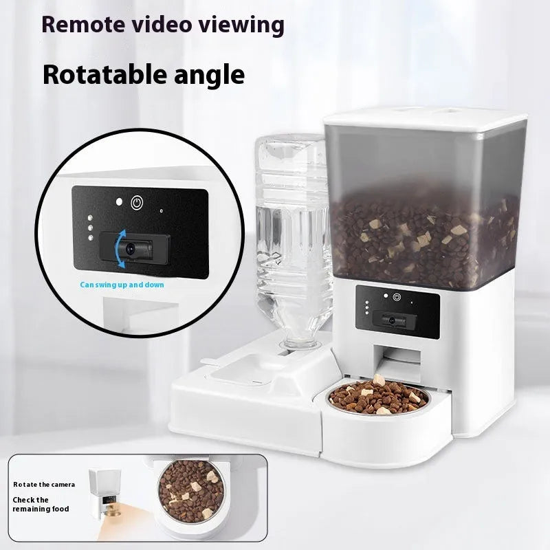 Intelligent pet feeder with double bowl design for dogs and cats offering timed food and water dispensing with 5L capacity available in Button Type, Head Up Type with video feeding, Smart Island remote video model, and WIFI version
