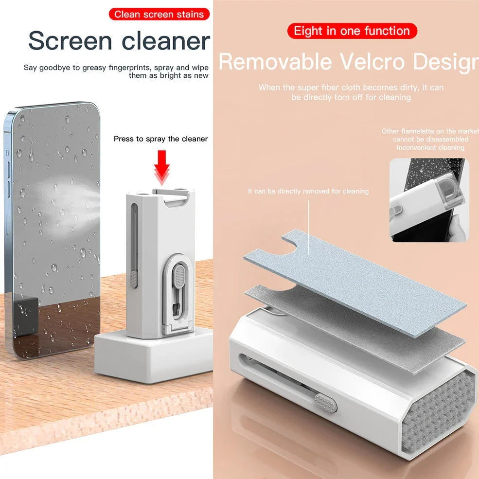 White 8-in-1 cleaning kit with ABS plastic case measuring 9cm showing keyboard, phone, lens, and earbud cleaning tools