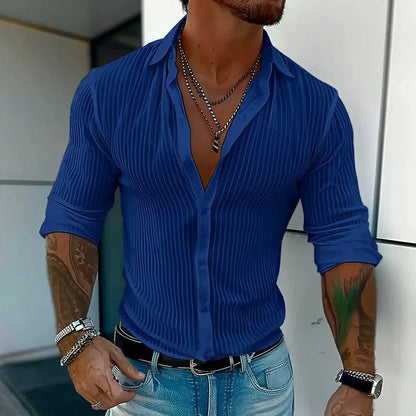 Men's striped British style cardigan shirt in polyester flat mop cloth fabric