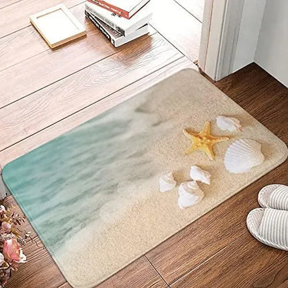 Household fashion flannel floor mat in sfq-beach starfish print, square shape, modern simplicity style, 60x90cm size