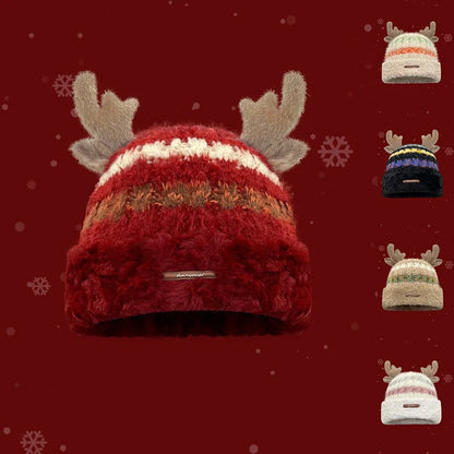 Cozy knit Christmas hat with playful deer antler design in various festive colors