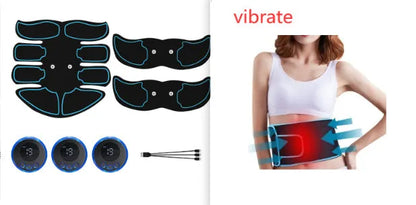 Digital display abdominal muscle patch with six massage pads and charging base in red, blue, and yellow edge options