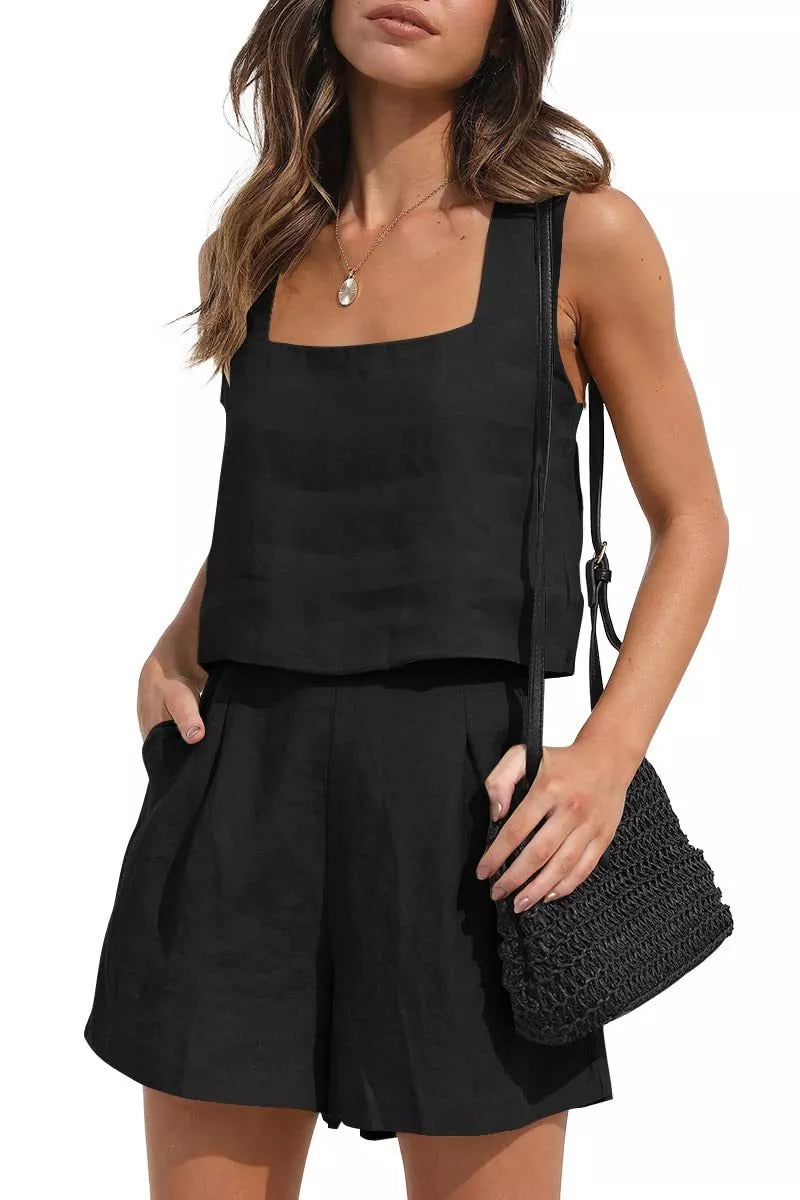 Women's 2-piece cotton linen square neck top and shorts set in various colors