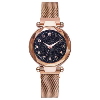 Luminous starry sky quartz watch with 20.5mm round dial, alloy strap, and stainless steel watch-bottom in five colours
