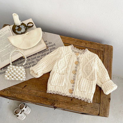 Girls' apricot white cotton knitted coat with round neck, shown in various height sizes from 66cm to 100cm