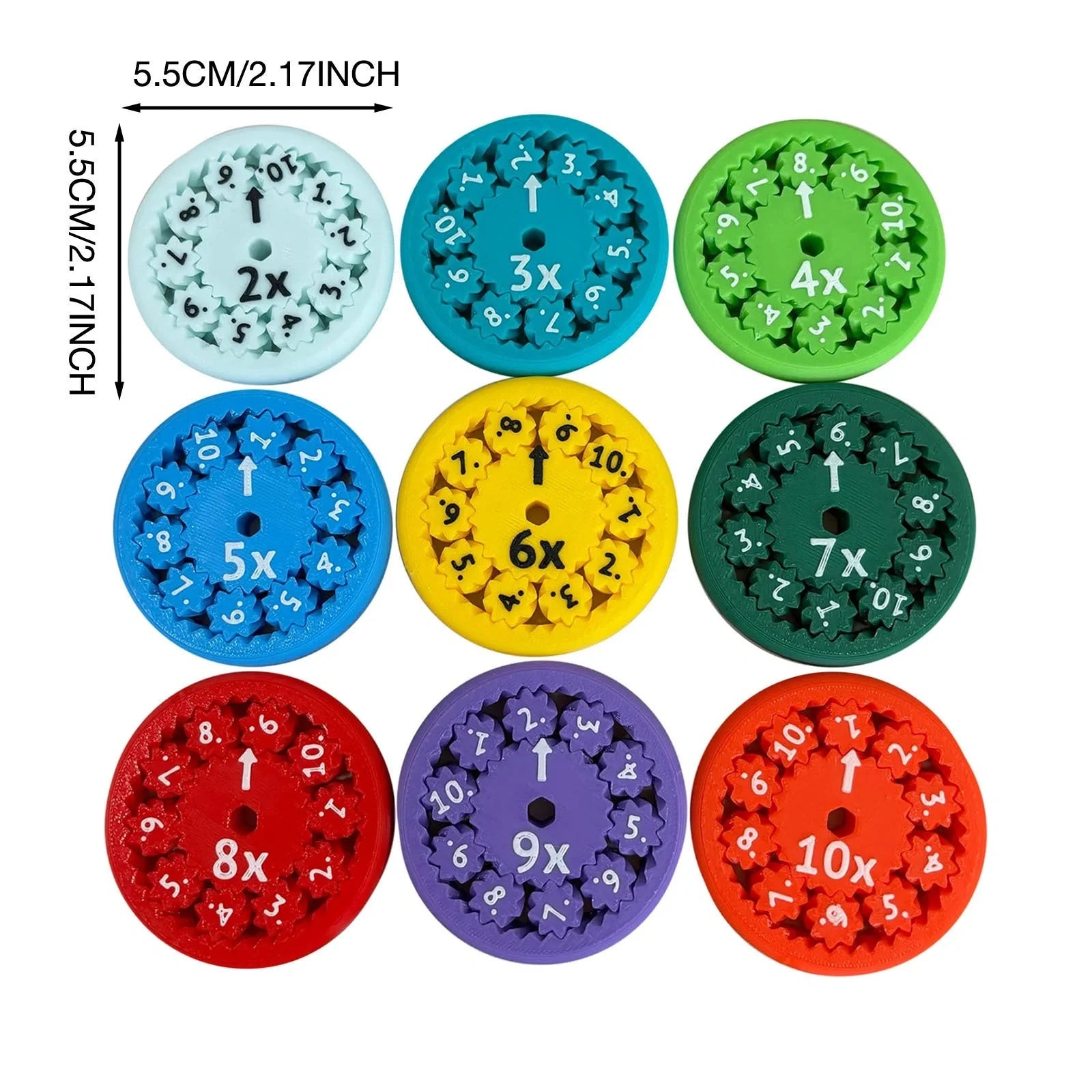 Colorful math fact fidget spinners with addition, subtraction, multiplication, and division equations for interactive learning and math practice