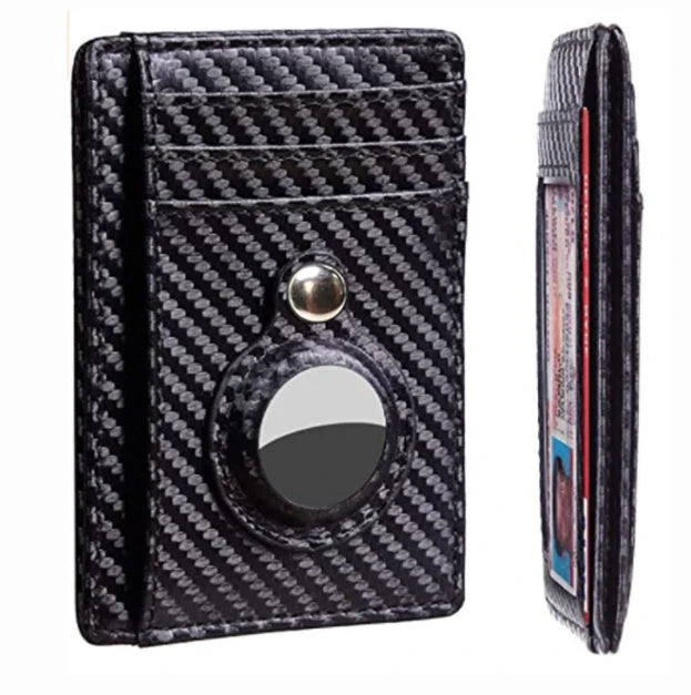 Slim leather wallet with built-in AirTag holder, featuring RFID-blocking technology and convenient card access