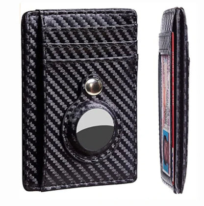 Slim leather wallet with built-in AirTag holder, featuring RFID-blocking technology and convenient card access