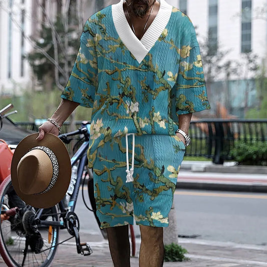 Men's peacock blue 3D printed knitted shorts suit with T-shirt style jacket and fifth pants length