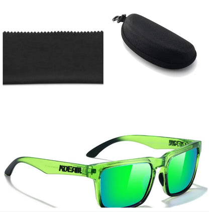 Square polarised sunglasses with TAC lenses and a PC frame, shown in one of 12 available colour options.