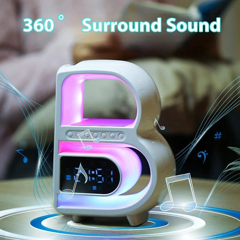 B-shaped Bluetooth speaker with wireless charging, adjustable lighting, and alarm clock functionality