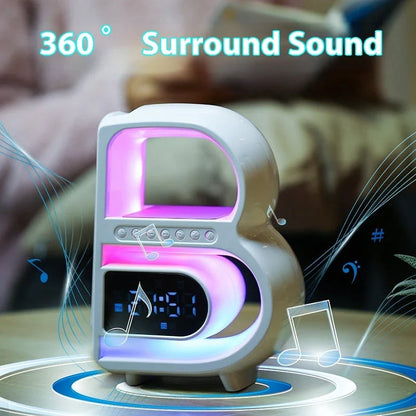 B-shaped Bluetooth speaker with wireless charging, adjustable lighting, and alarm clock functionality