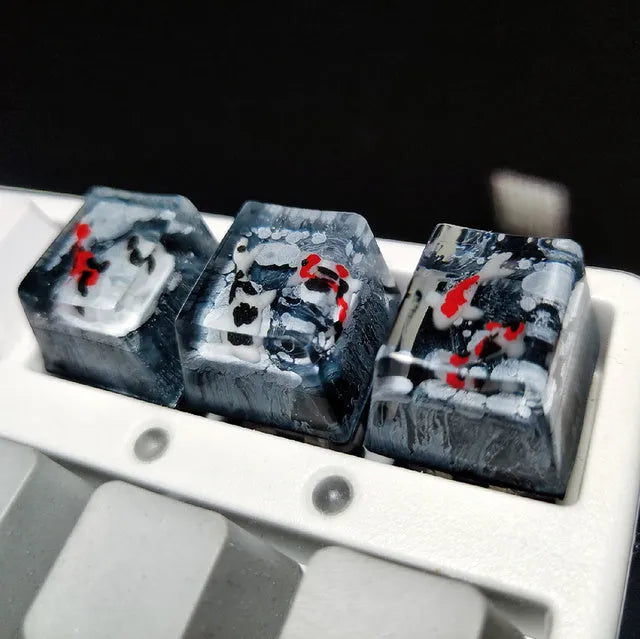 Close-up of a custom resin keycap featuring a detailed blue and orange koi fish scene, designed for Cherry MX mechanical keyboards.