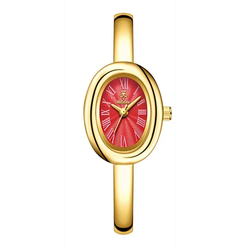 Women's oval retro quartz watch in gold colour with slim 8mm case thickness