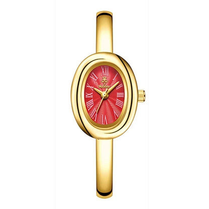 Women's oval retro quartz watch in gold colour with slim 8mm case thickness
