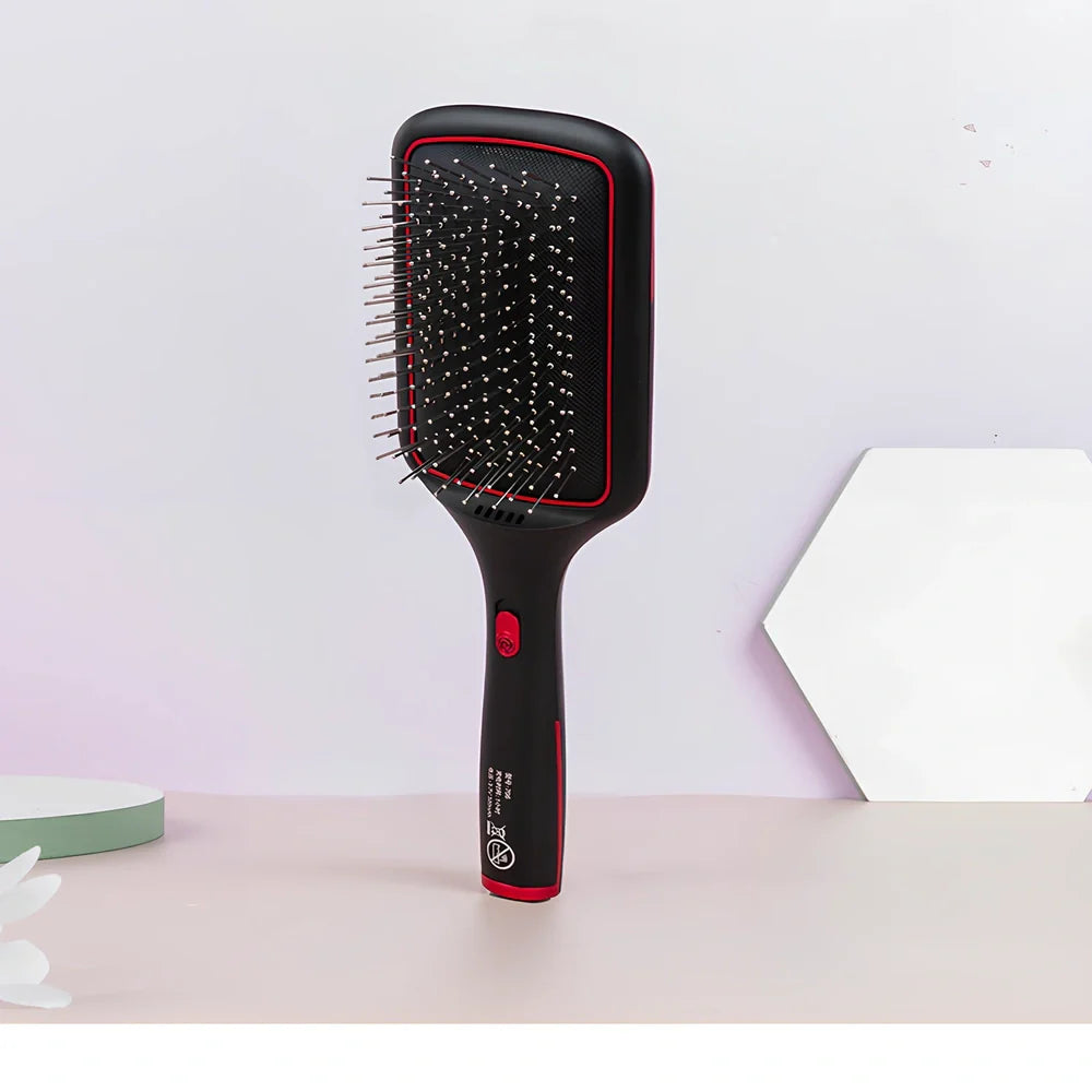 Black wireless straight hair comb with tourmaline ceramic 15mm heating element and magnetic massage points