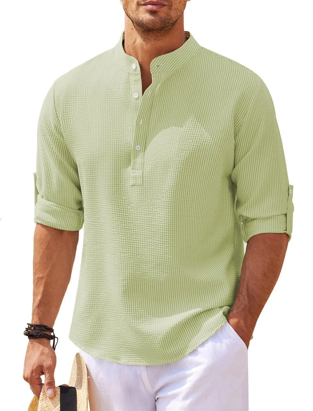 Men's stand collar button shirt with pineapple texture in various colors