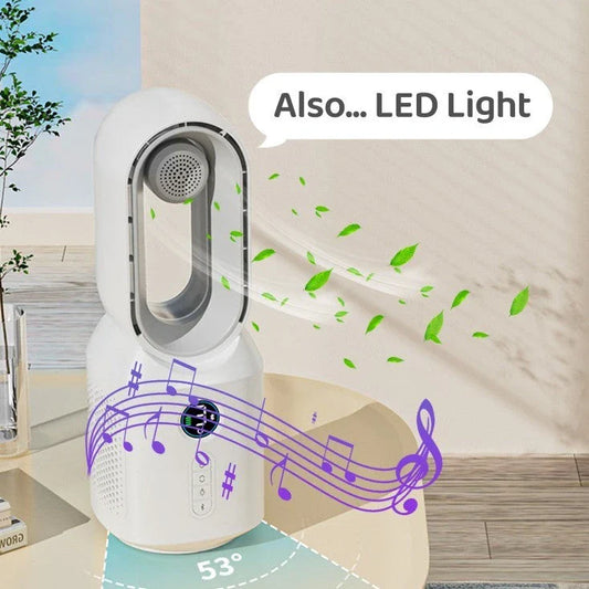 Rechargeable bladeless fan with Bluetooth speaker and LED night light for home decor and comfort