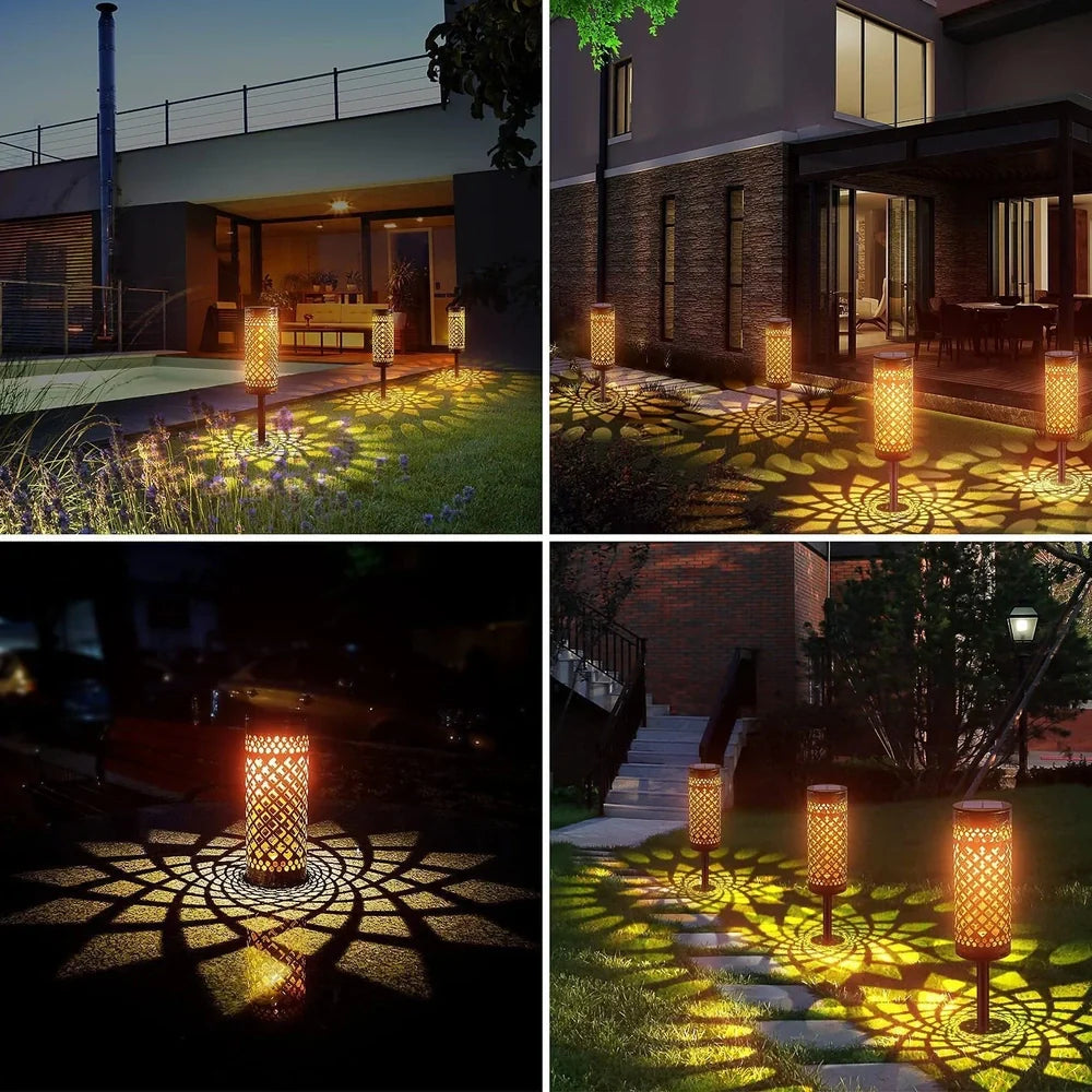 Geometric metal solar lawn lamp with warm white illumination in courtyard setting