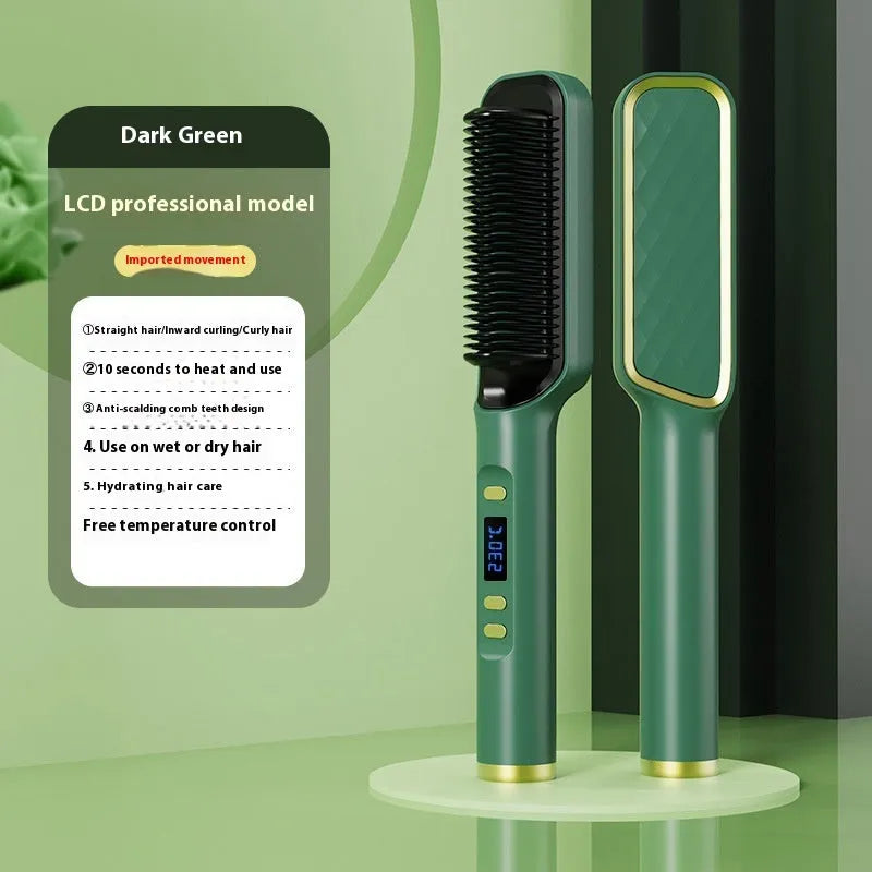 Negative ion hair straightening comb with LCD screen in avocado green colour.