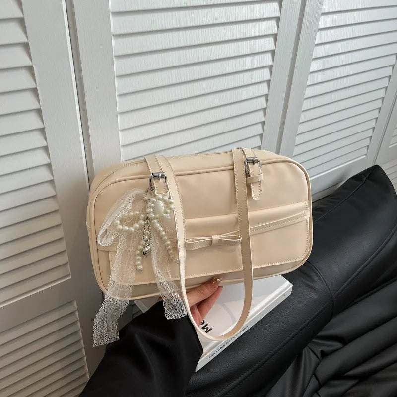 PU single-shoulder flap bag in horizontal square shape with mobile phone compartment and bow decorations
